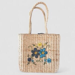 Floral Raffia Straw Shoulder Tote Bag Lined Tropical Beachy Basket Boho Cottage